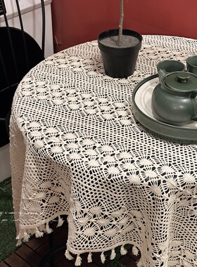 棉线钩织流苏款桌布 防烫耐磨可水洗圆方桌盖布北欧ins拍照背景布