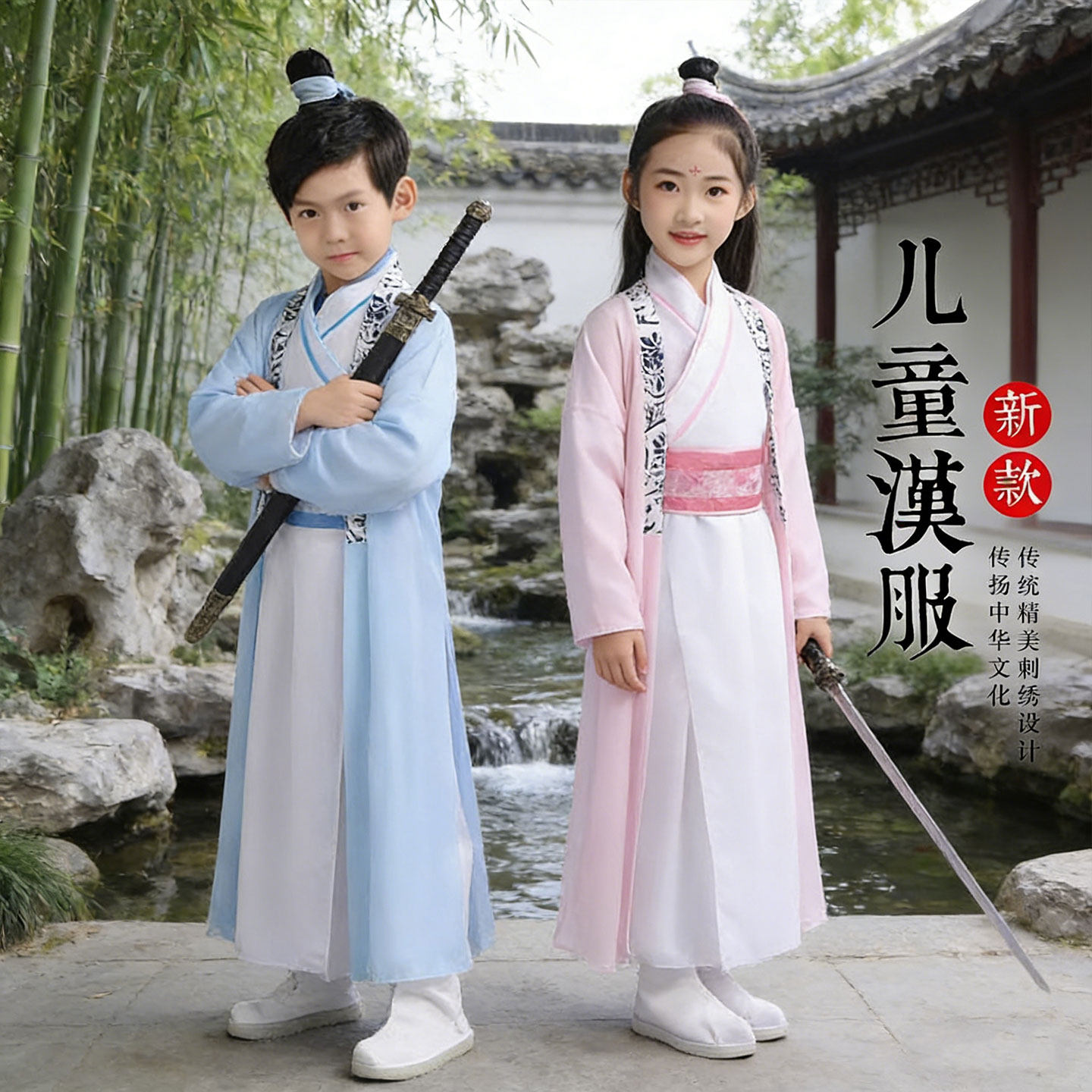 纸扇书生半生雪儿童汉服舞蹈演出服装男女学生表演服小道童半城沙