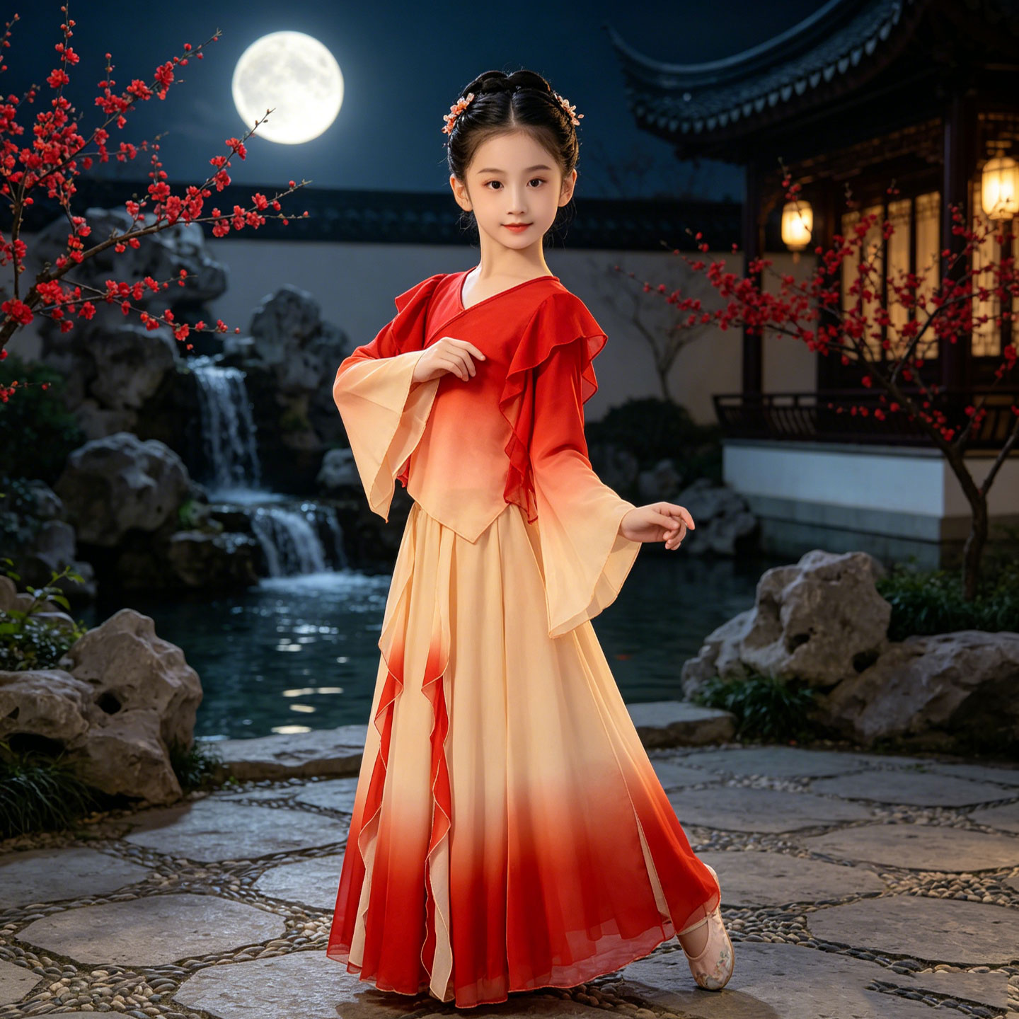 国风渐变古典舞蹈服国色天香红昭儿童演出服