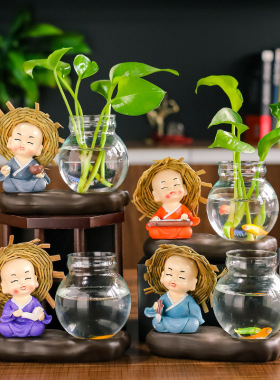 创意网红树脂工艺品四不和尚绿萝水培花瓶客厅办公桌家居装饰
