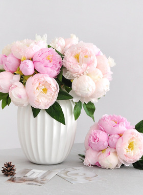 手扎牡丹仿真花花卉欧式家居客厅装饰摆件手捧花7把束牡丹花