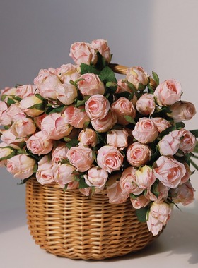 7头复古烤边玫瑰花仿真花火烤玫瑰假花绢花餐桌桌面摆件家居装饰