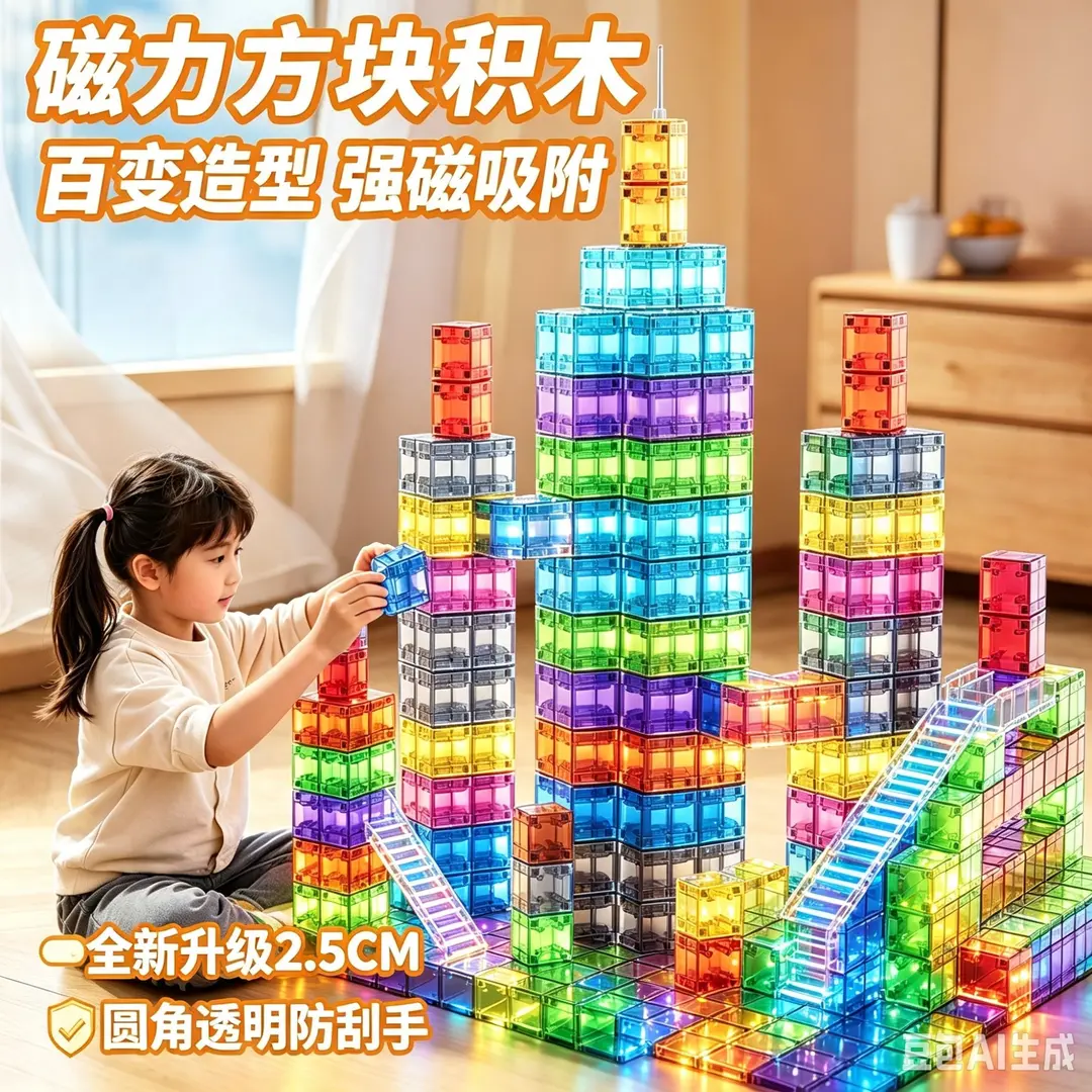 早教机磁力方块拼搭磁正方形立体透亮点读学习积木几何早教玩具KD