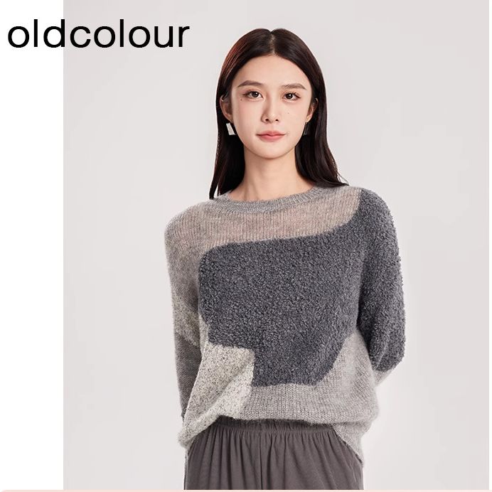 oldcolour春秋季时尚简约气质拼色百搭宽松针织衫女BR350517A1