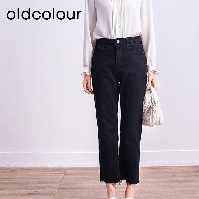 oldcolour冬季新品纯色遮肉显瘦毛边水洗牛仔长裤女BQ421103A1