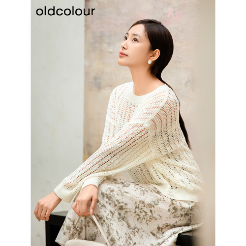 oldcolour欧珂商场同款纯色圆领镂空休闲长袖套头衫女Q130511A1