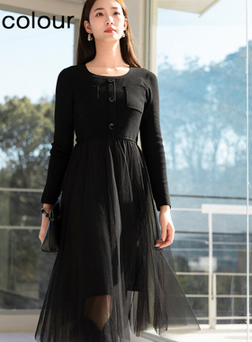 oldcolour春季新款黑色气质蕾丝拼接网纱长袖连衣裙女Q111001A1