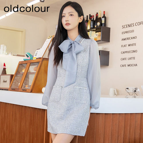 oldcolour秋季新款气质小香风法式长袖系带连衣裙女BQ331004A1