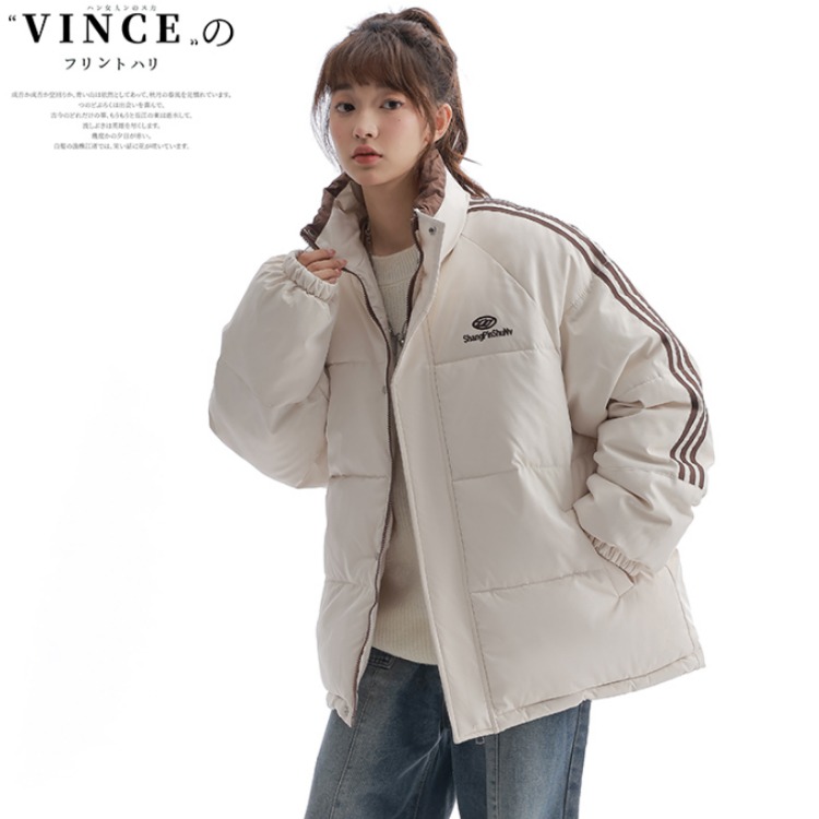 国潮三条杠立领拼色棉服女2025冬季新款宽松加厚情侣面包服棉衣潮