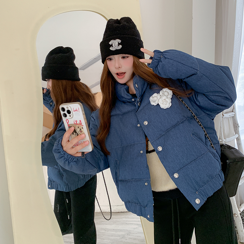 实拍 Jennie同款蓝色牛仔女冬季短款棉服宽松面包服立领棉衣外套