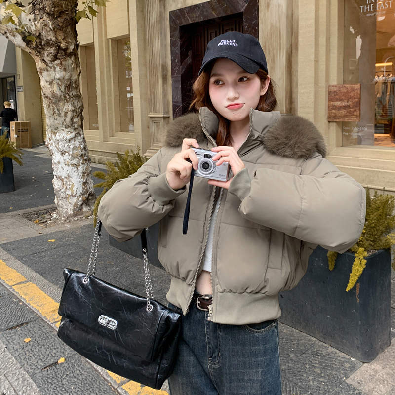 实拍美式辣妹毛领连帽棉服外套女冬季2025新款加厚短款面包服外套