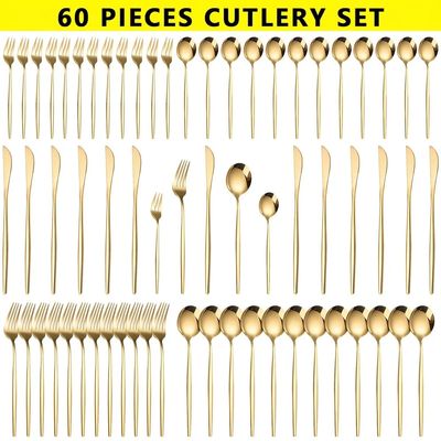 60pcs Stainless Steel - Luxe Golden Cutlery Set, Mirror Poli