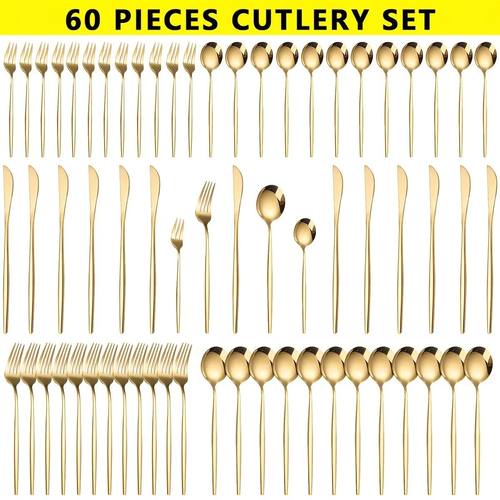 60pcs Stainless Steel - Luxe Golden Cutlery Set, Mirror Poli