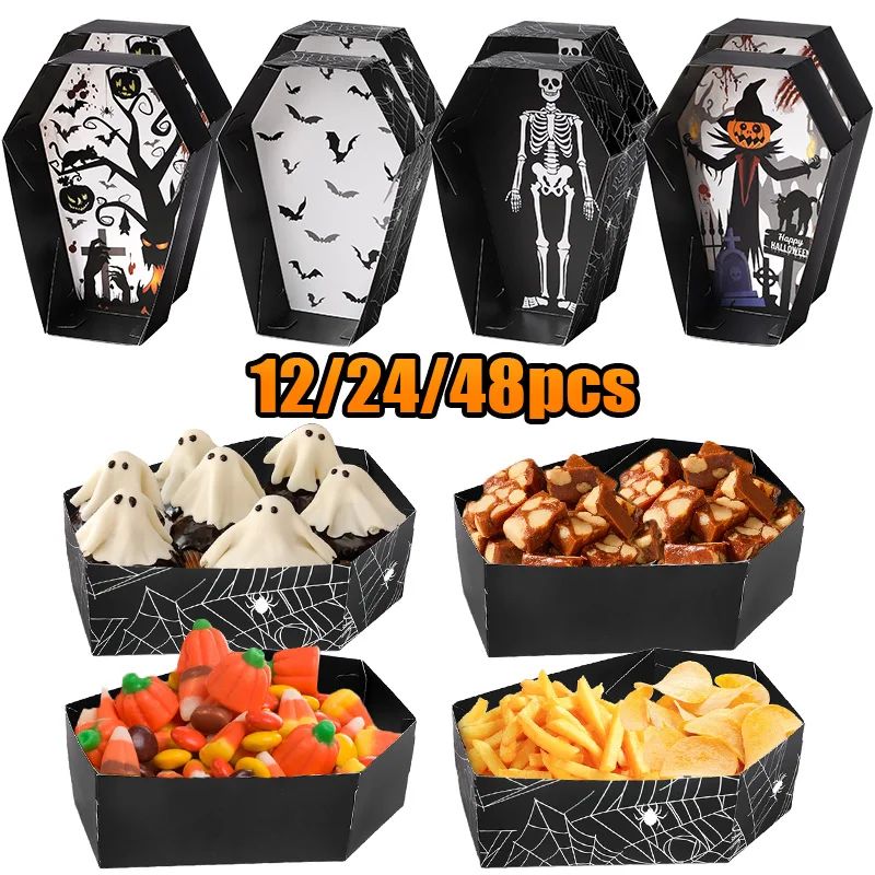 12/24Pcs Halloween Paper Food Serving Trays Horror Coffin Sn
