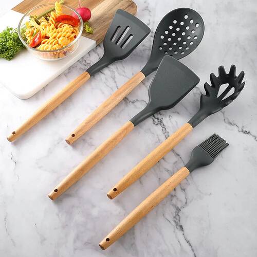 1Pcs Silicone Wood Handle Gray Spatula, Soup Spoon, Spatula,