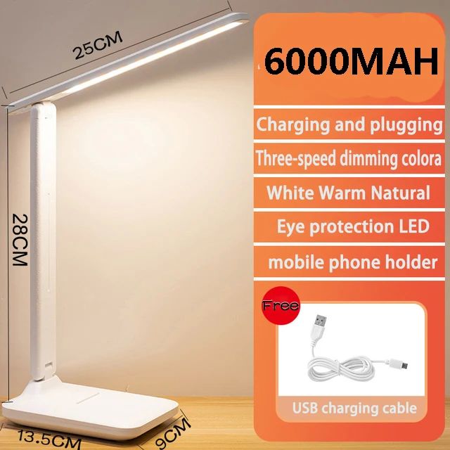 6000mAh Chargeable LED Table Lamp USB 3 Color Stepless Dimma