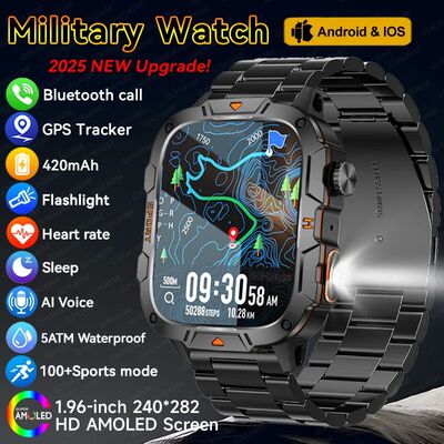 Outdoor  SmartWatch GPS trackr 5ATM Flashlight 1.96