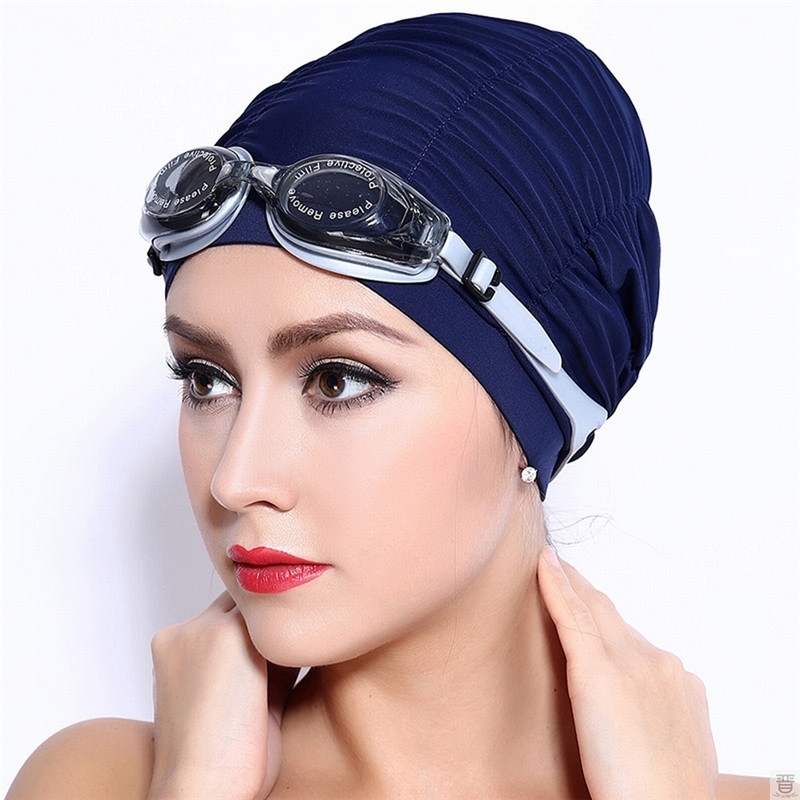 Swimming Caps Long Hair Swim Cap Pleated Cloth Fabric Bathin-封面