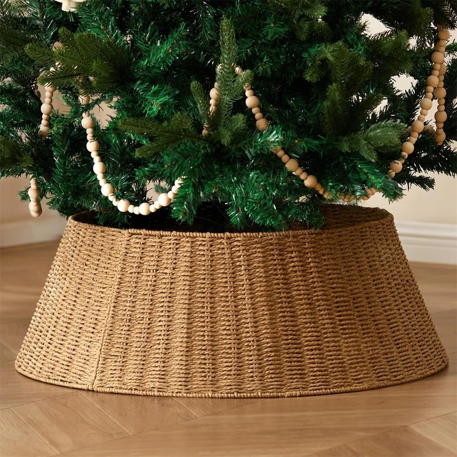 Rustic Woven Christmas Tree Skirt Collar 28 Inch Wicker Tree