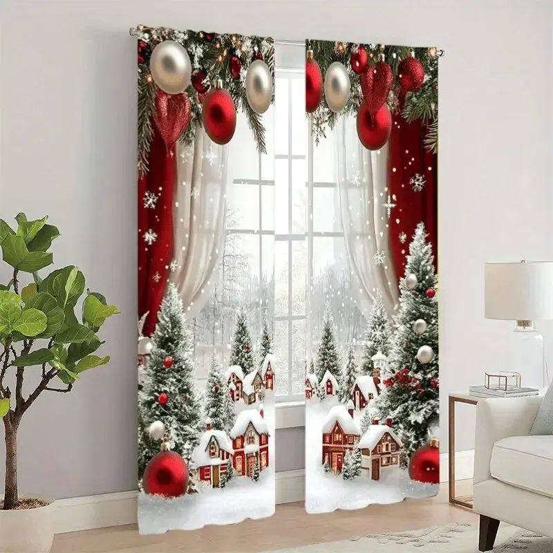2pcs - Christmas snow scene forest scene printed curta, pole
