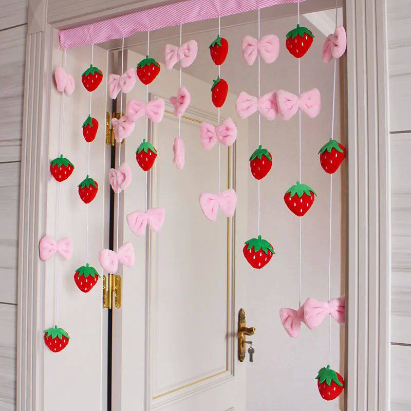 Pink Kawaii Doorway Curta Plush Strawberry Ball Door Curtain
