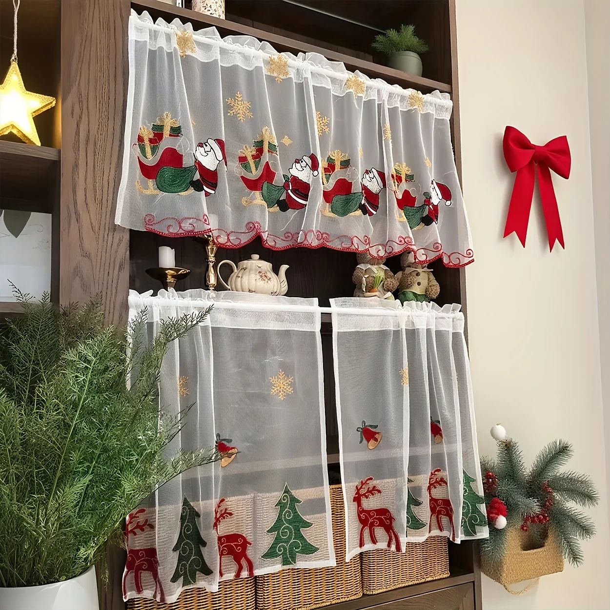 3Pcs Christmas Short Sheer Curtain Set, Santa Claus, Reindee
