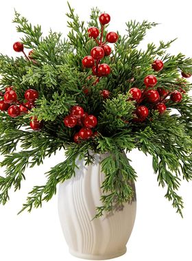 30pcs Artificial Pine Branches with Red Berry Stems Faux Eve