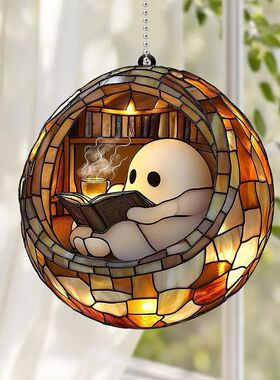 Halloween Ghost Reading Book Window Suncatcher Hanging Color
