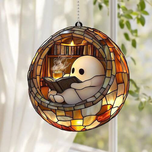 Halloween Ghost Reading Book Window Suncatcher Hanging Color