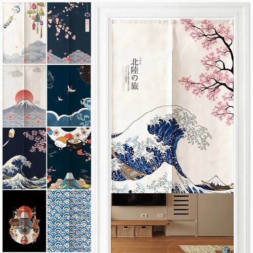 Linen Door Curtain Noren Mount Fuji Waves Partition Bedroom