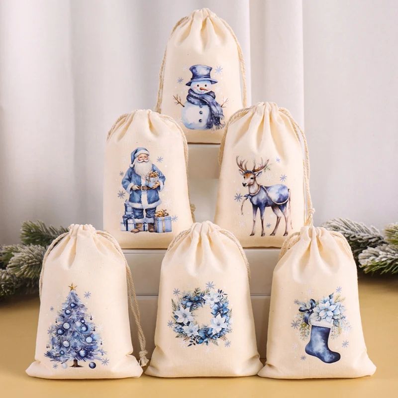 6pcs Christmas Linen Cotton Gift Bags Merry Christmas Decora