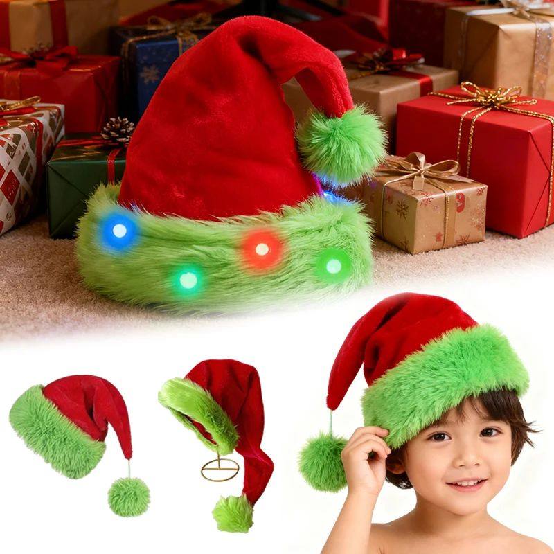 Llumination Christmas Santa Hat Red Green Plush Thickened Ha