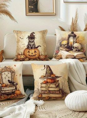 Spooky Halloween Pillow Covers: Cat on Pumpkin, Skull & Lant