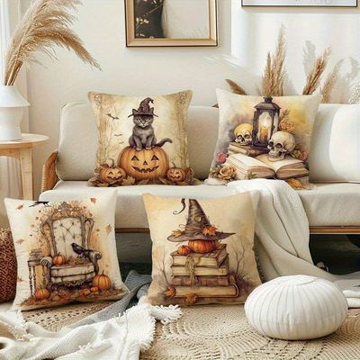 Spooky Halloween Pillow Covers: Cat on Pumpkin, Skull & Lant