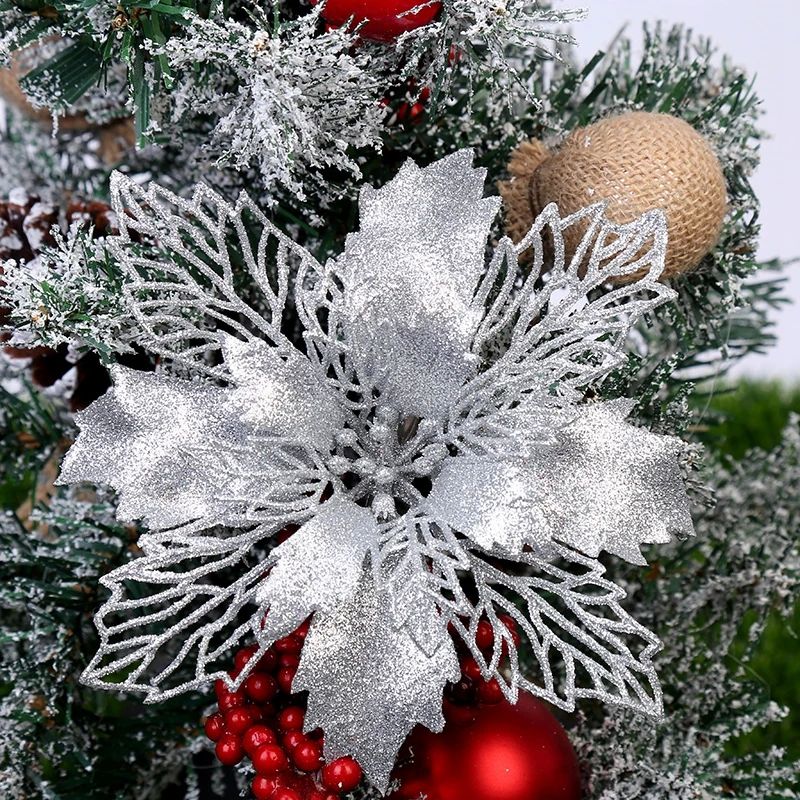 10Pcs 11/16cm Christmas Decoration Glitter Flowers Christmas