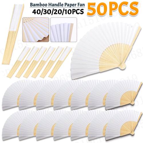 1-50PCS Paper Bamboo Folding Hand Fan Wedding Personalized F