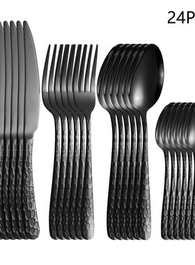 4/6/16/24pcs Black stainless steel cutlery knife, fork and s