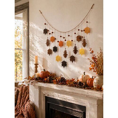 Fall Felt Maple Oak Leaf Garland Pom Banner Thanksgiving Har
