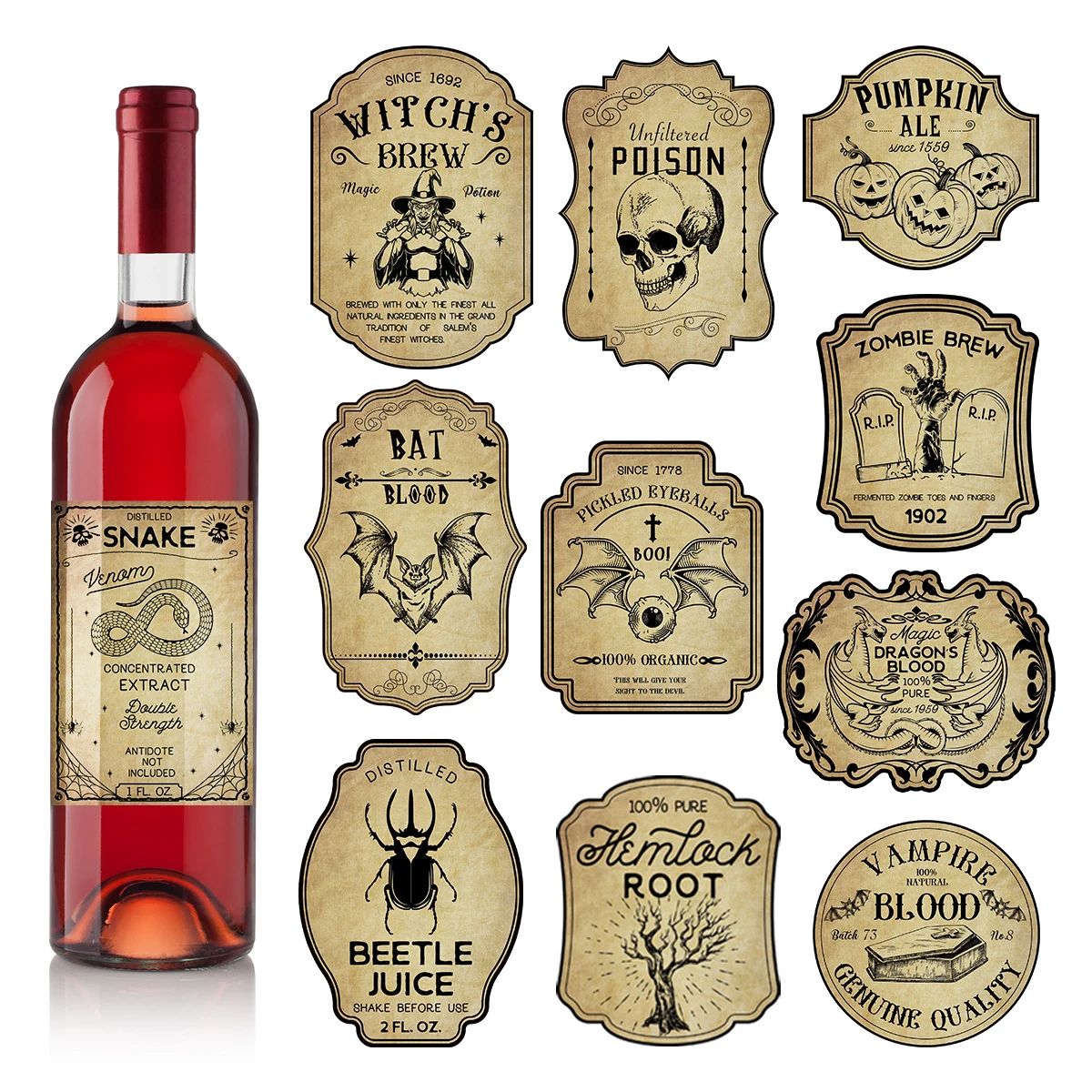 12/24pcs Halloween Retro Horror Gothic Wine Bottle Labels St