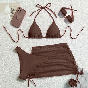 Solid Brown Swimwears String Halter Triangle 3 Piece Bikini