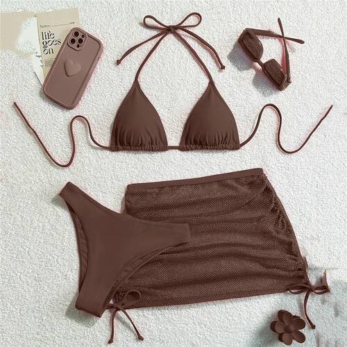 Solid Brown Swimwears String Halter Triangle 3 Piece Bikini
