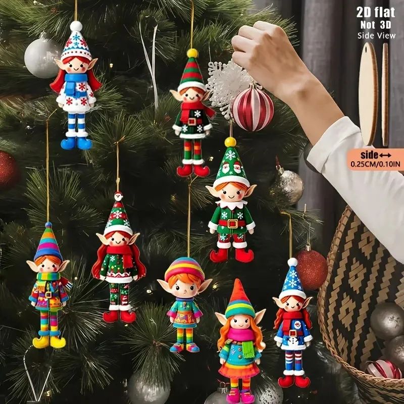 8/16/32Pcs Christmas Wooden Pendants 2D Angel Elf Xmas Hangi