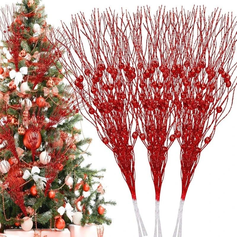 5/10Pcs Red Glitter Berry Branches Christmas Decoration Chri