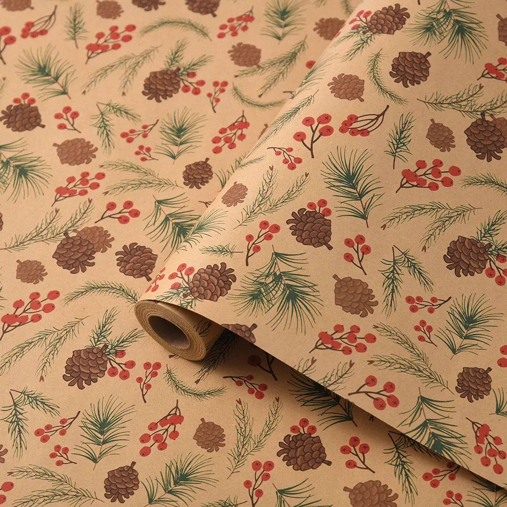 Vintage Christmas Packaging Paper - Beige ,Red Holiday Wrapp