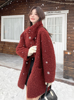 安可拉红围巾款皮毛一体羊羔毛外套女冬加厚棉服6092P225k328