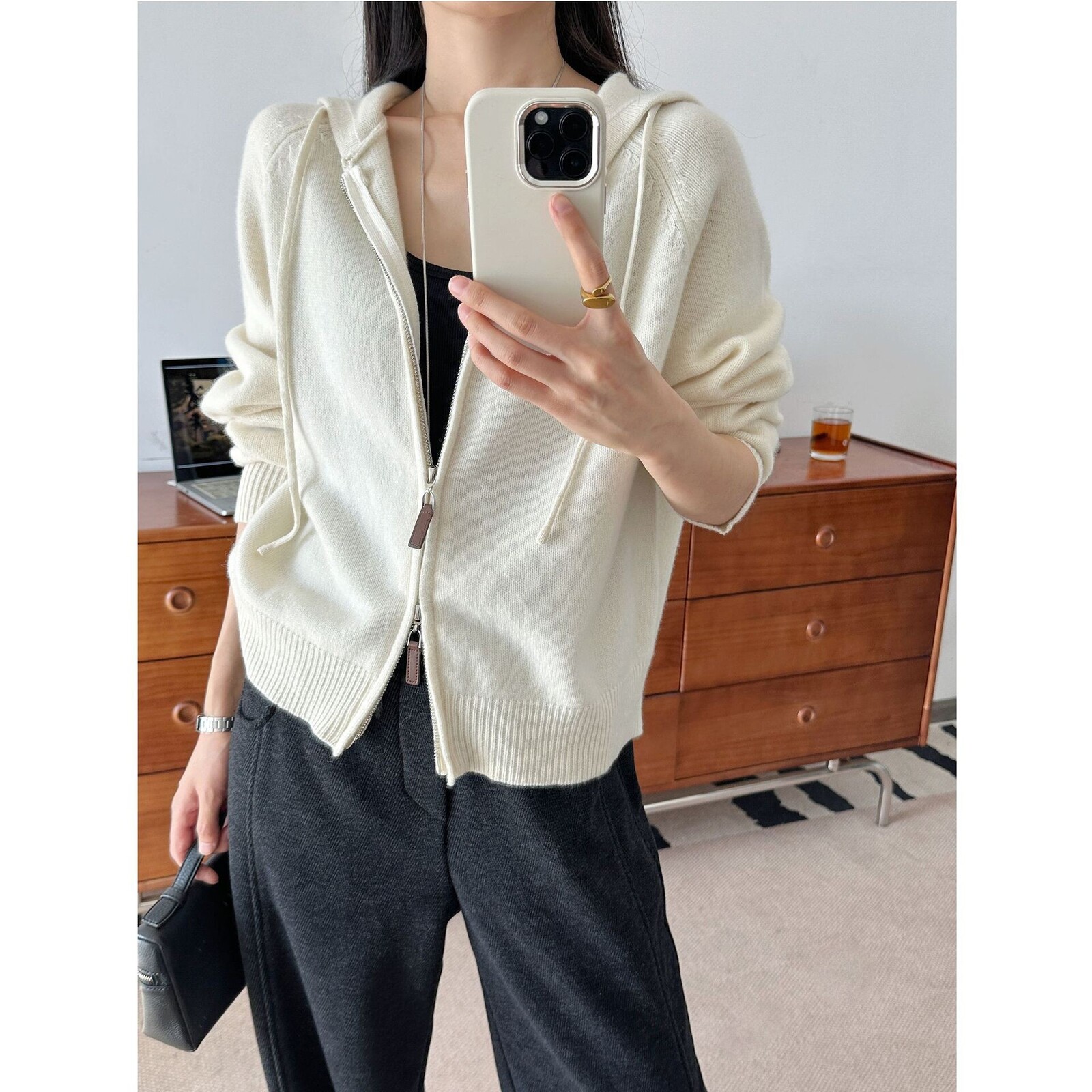 时髦有型！100%全羊毛外搭叠穿连帽针织开衫纯色拉链上衣外套女冬