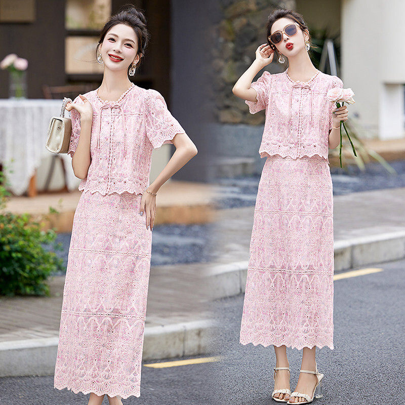 改良旗袍套装裙女2024夏季新款气质高级感小香风蕾丝连衣裙两件套
