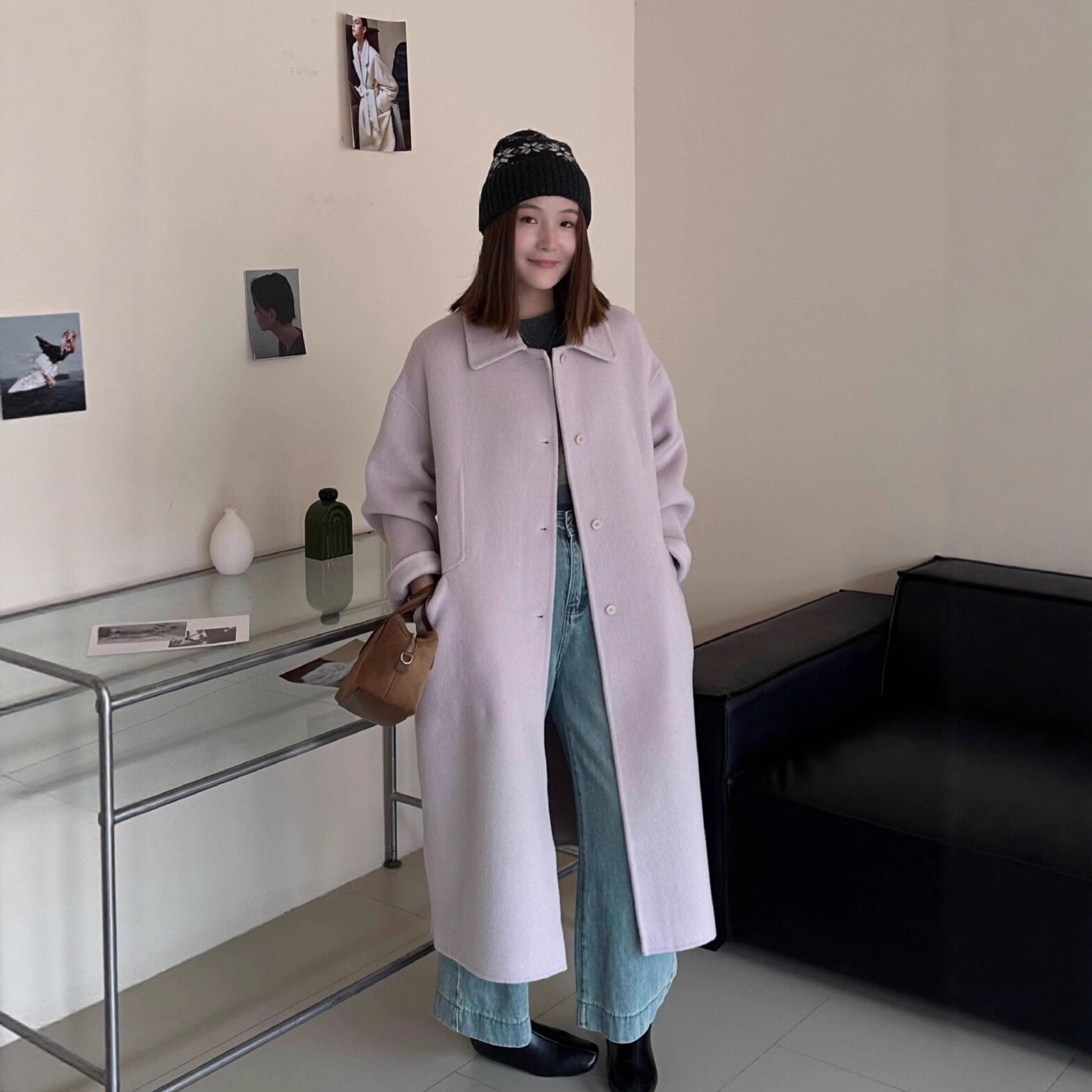 秋冬新款加厚保暖娃娃领单排扣双面羊毛大衣外套简约毛呢大衣外套