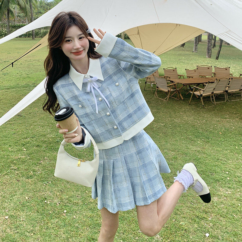 春秋穿搭2025新款小香风复古polo领拼接套裙半身裙套装女