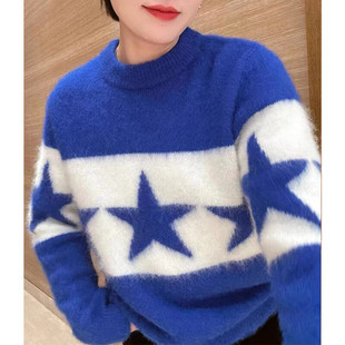 S家2023秋冬新款圆领马海毛克莱因蓝撞色星星宽松针织毛衣230393